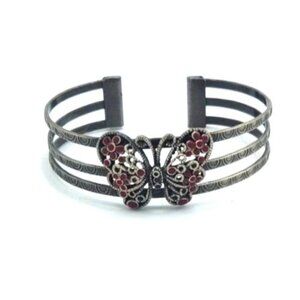 Vintage Silver Butterfly Cuff Bracelet With Red & White Enamel Floral Accents Ad